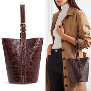 Trademark Embossed Leather Crocodile Bucket Bag in Rich Dark Brown Cognac